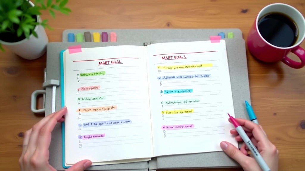 Plānošanas notebook ar SMART mērķiem rakstīti dažādās krāsās ar marķieriem